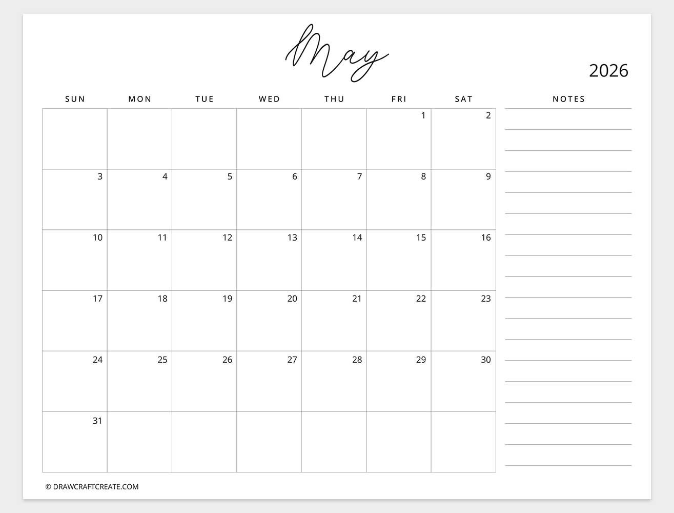 may 2026 calendar with note sunday start