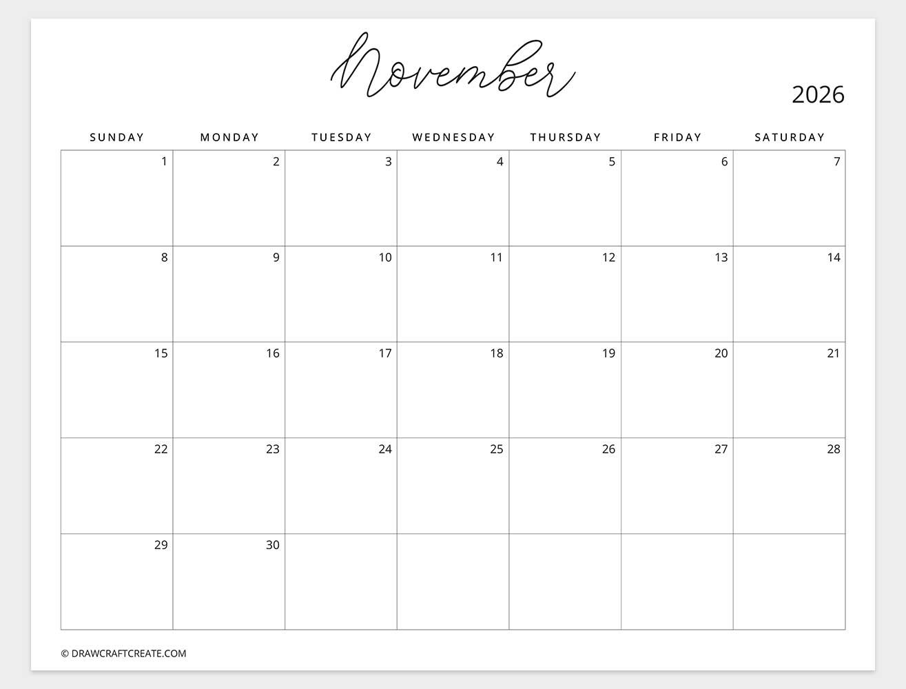 november 2026 calendar sunday start