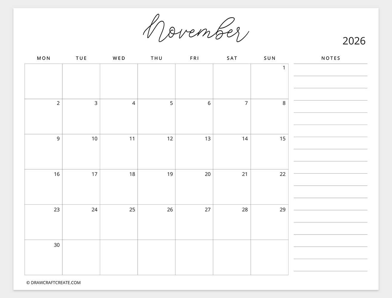 march 2026 calendar with note monday start