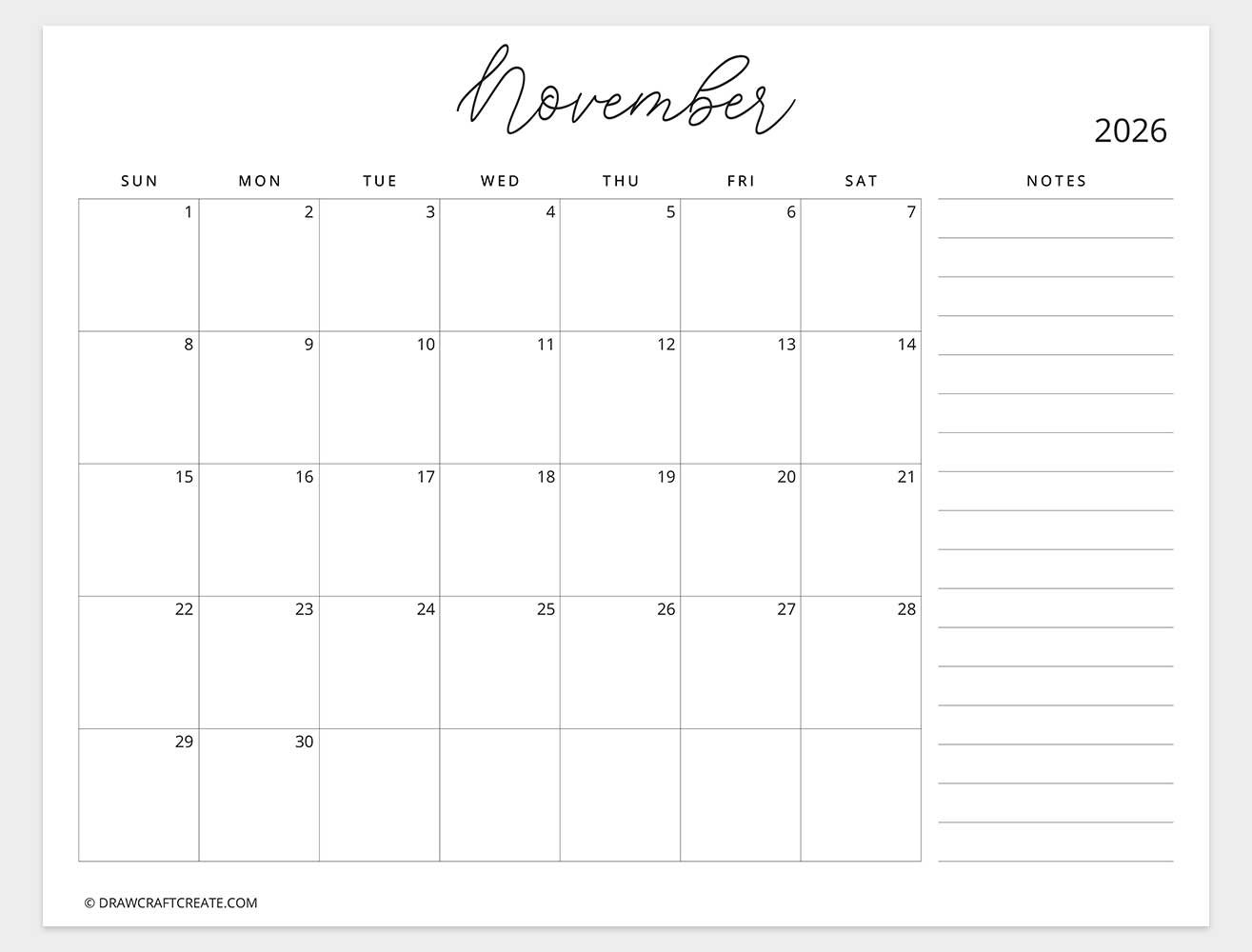 november 2026 calendar with note sunday start