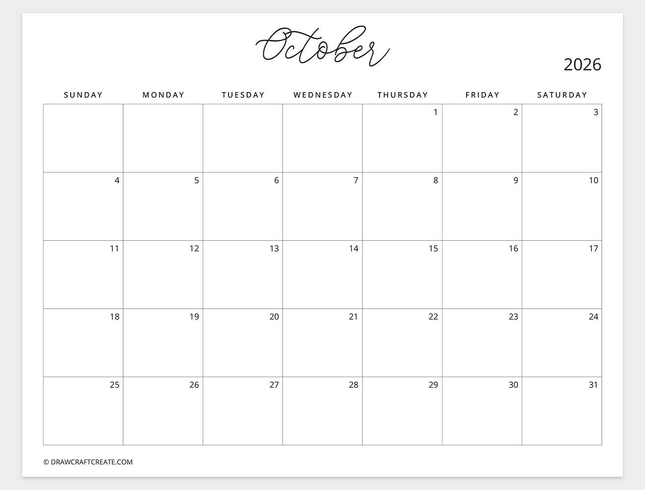 october 2026 calendar sunday start