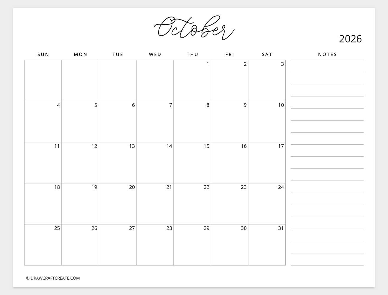 october 2026 calendar with note sunday start