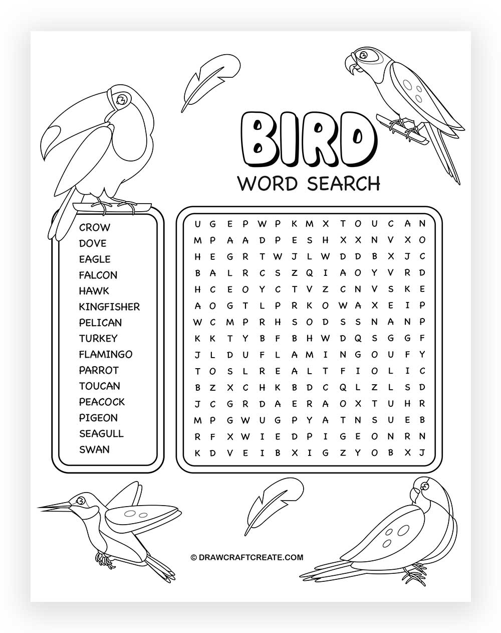 printable bird word search