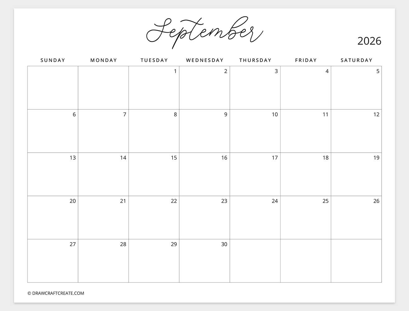 september 2026 calendar sunday start