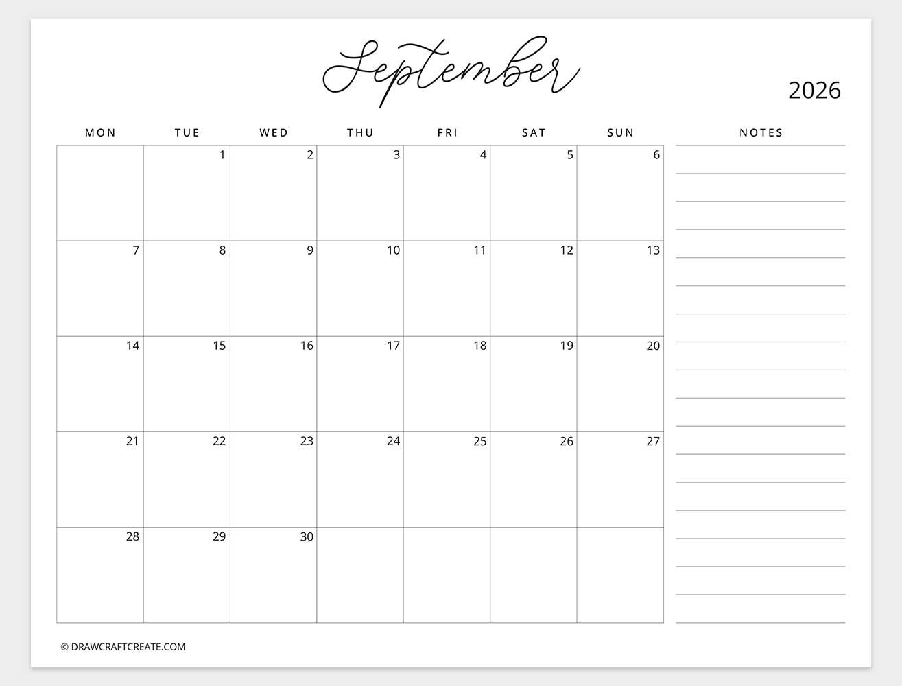 march 2026 calendar with note monday start