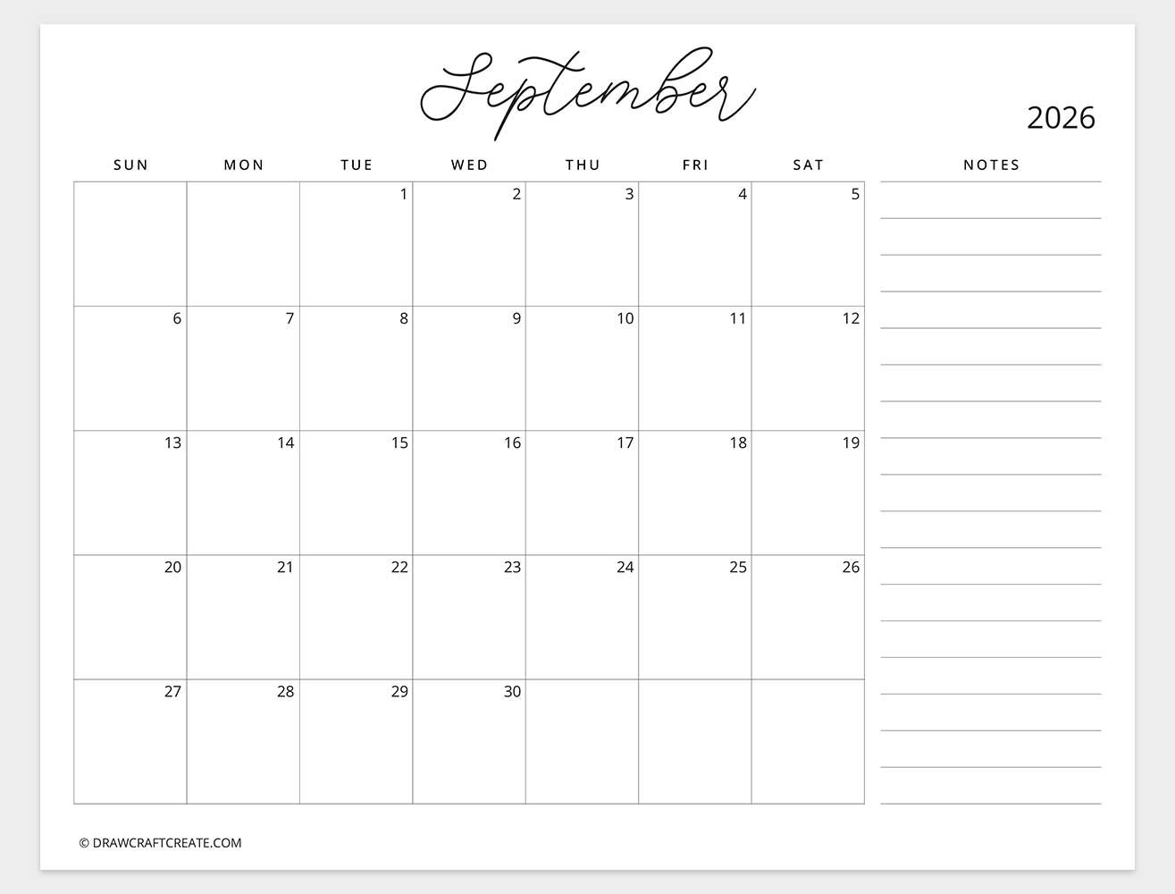 september 2026 calendar with note sunday start