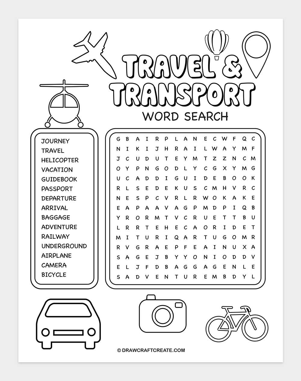 free printable travel and transport word search