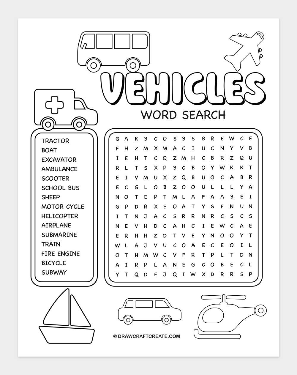 free printable vehicles word search