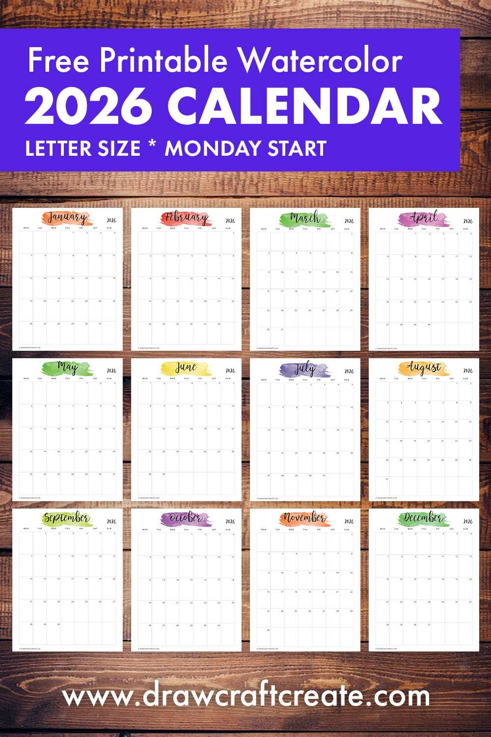 2026 Watercolor Calendar Printable