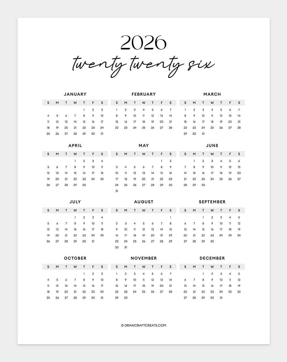 2026 Yearly Calendar Printable