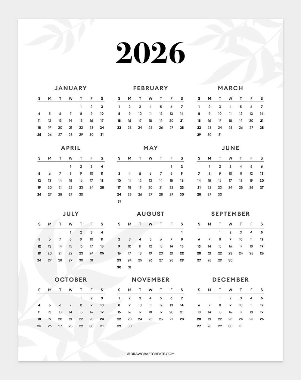 2026 Yearly Calendar Printable