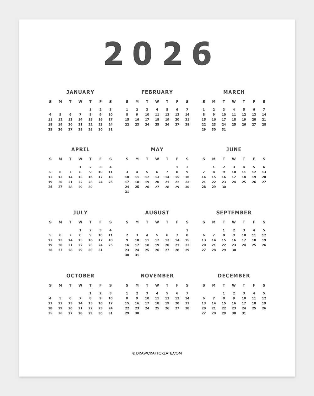 2026 Yearly Calendar Printable