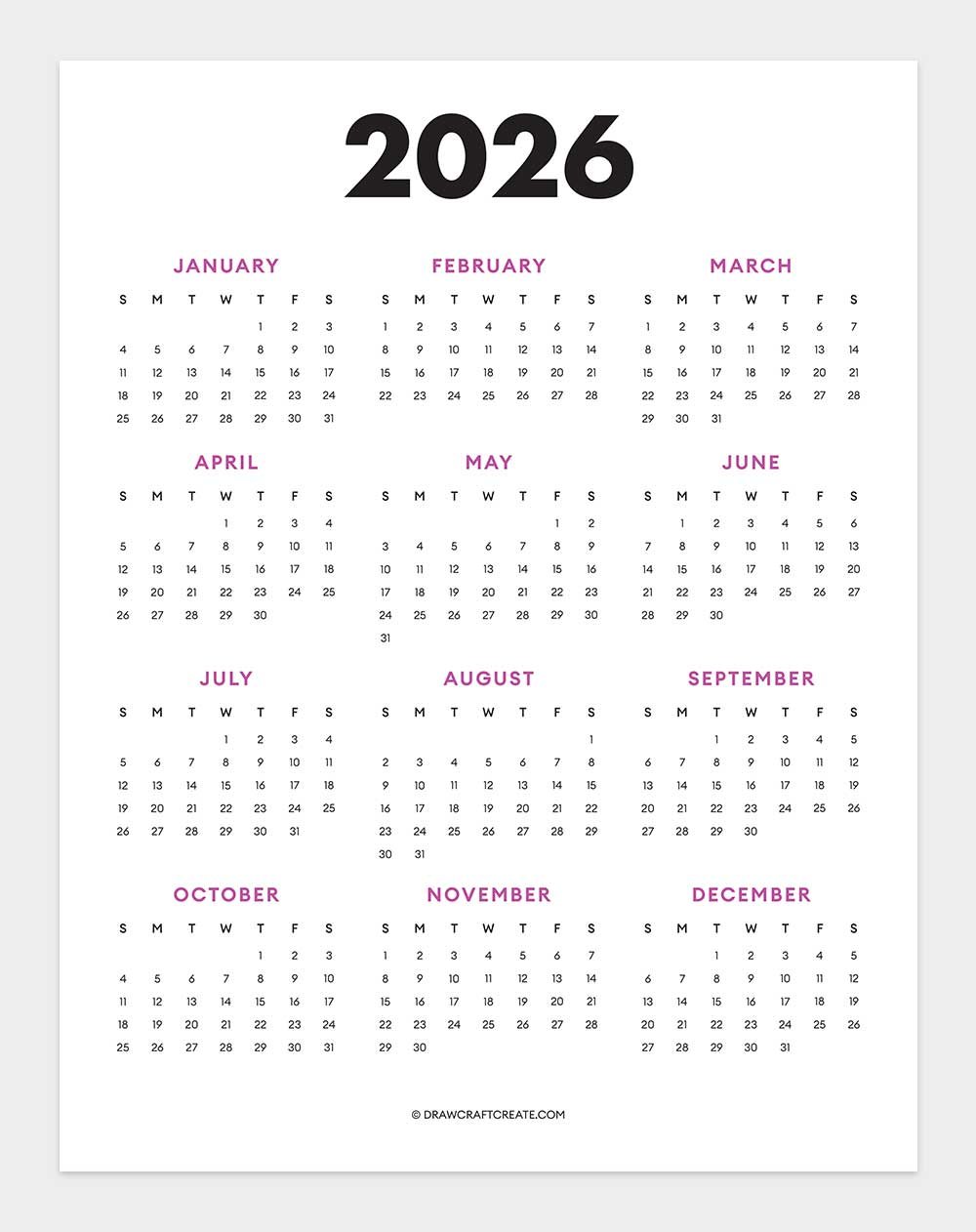 2026 Yearly Calendar Printable