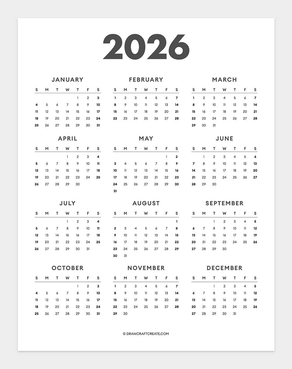 2026 Yearly Calendar Printable