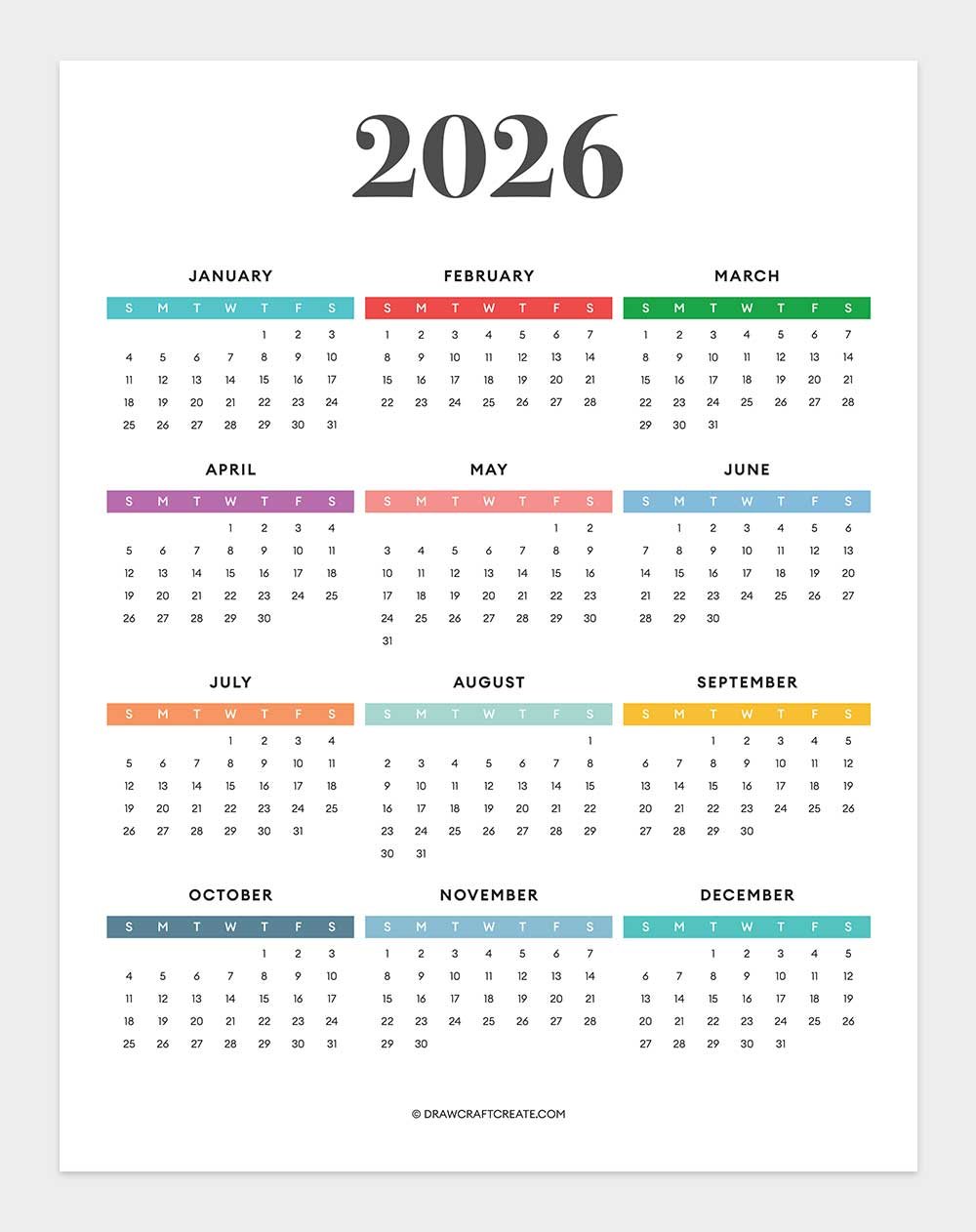 2026 Yearly Calendar Printable