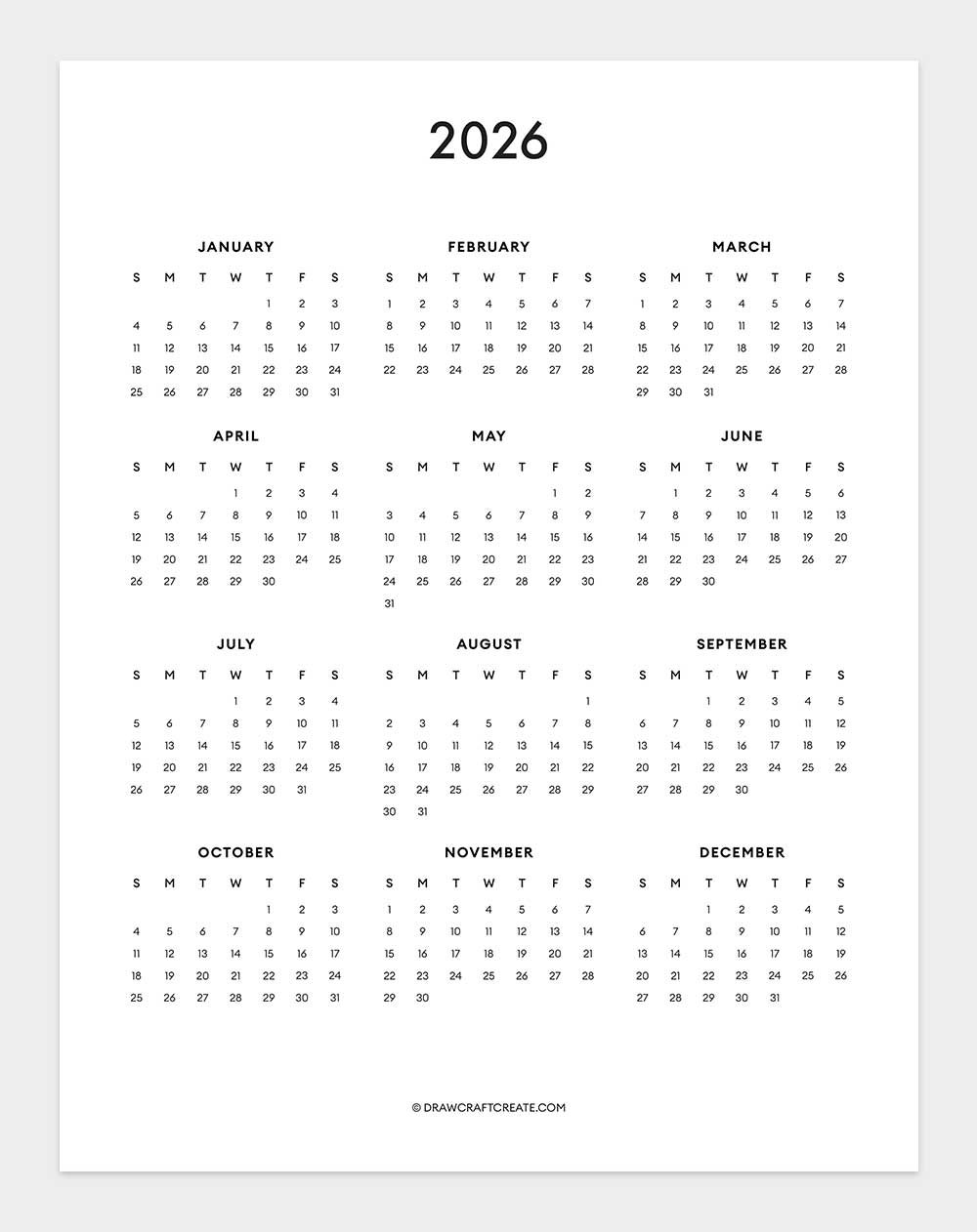 2026 Yearly Calendar Printable