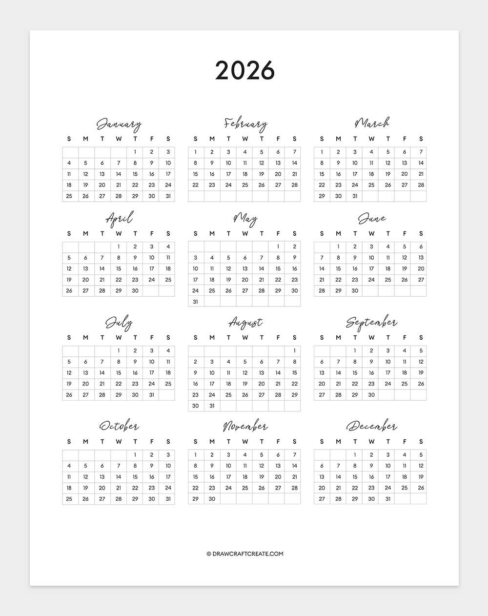 2026 Yearly Calendar Printable
