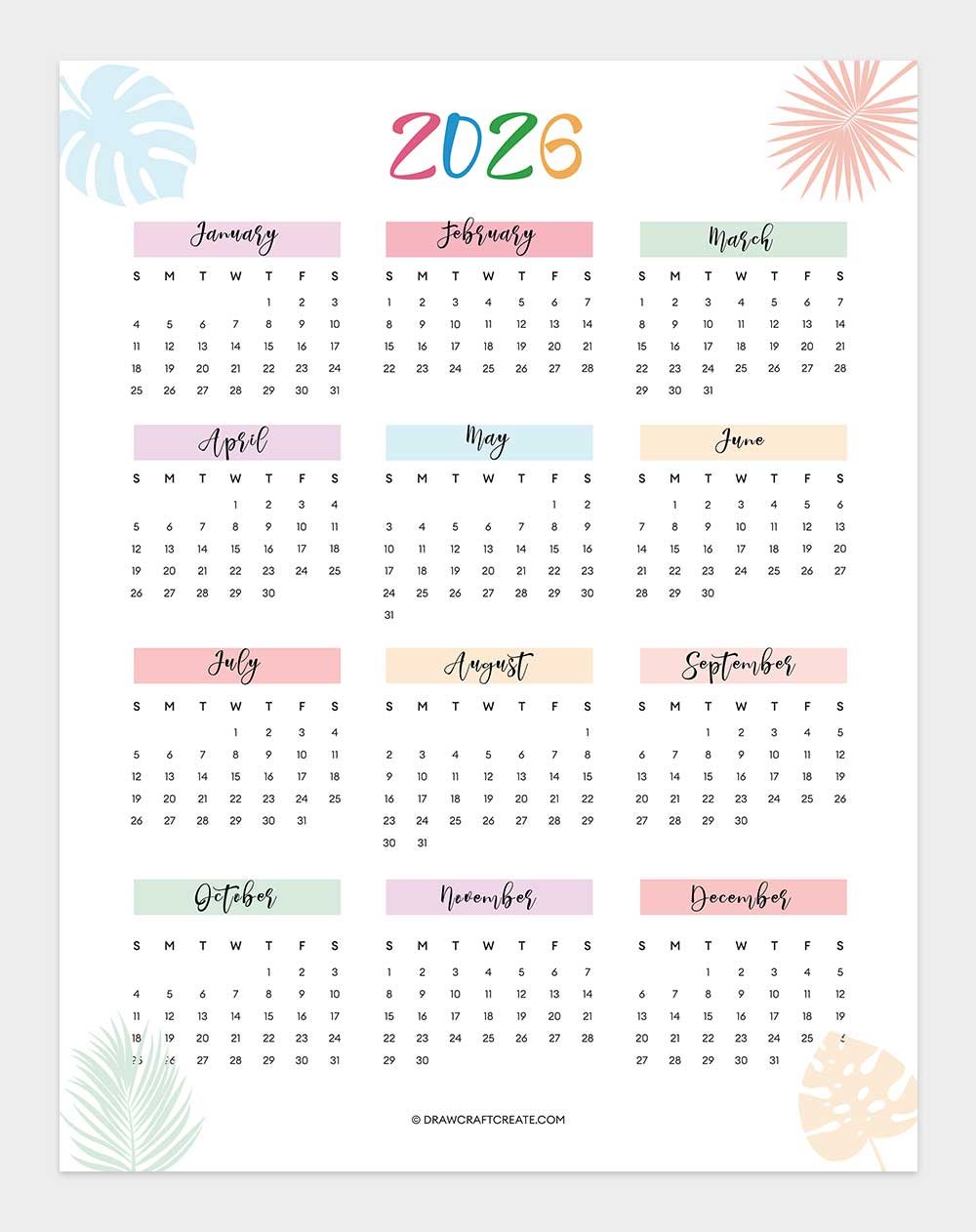 2026 Yearly Calendar Printable