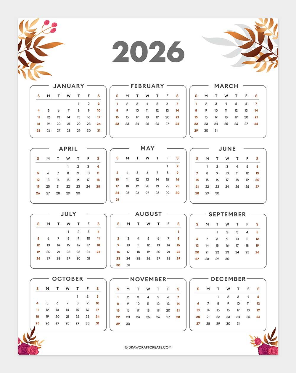 2026 Yearly Calendar Printable