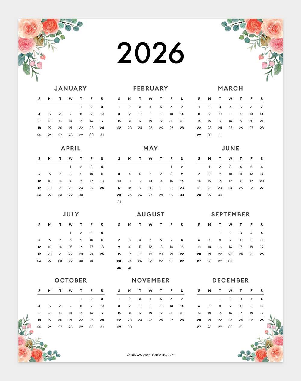 2026 Yearly Calendar Printable