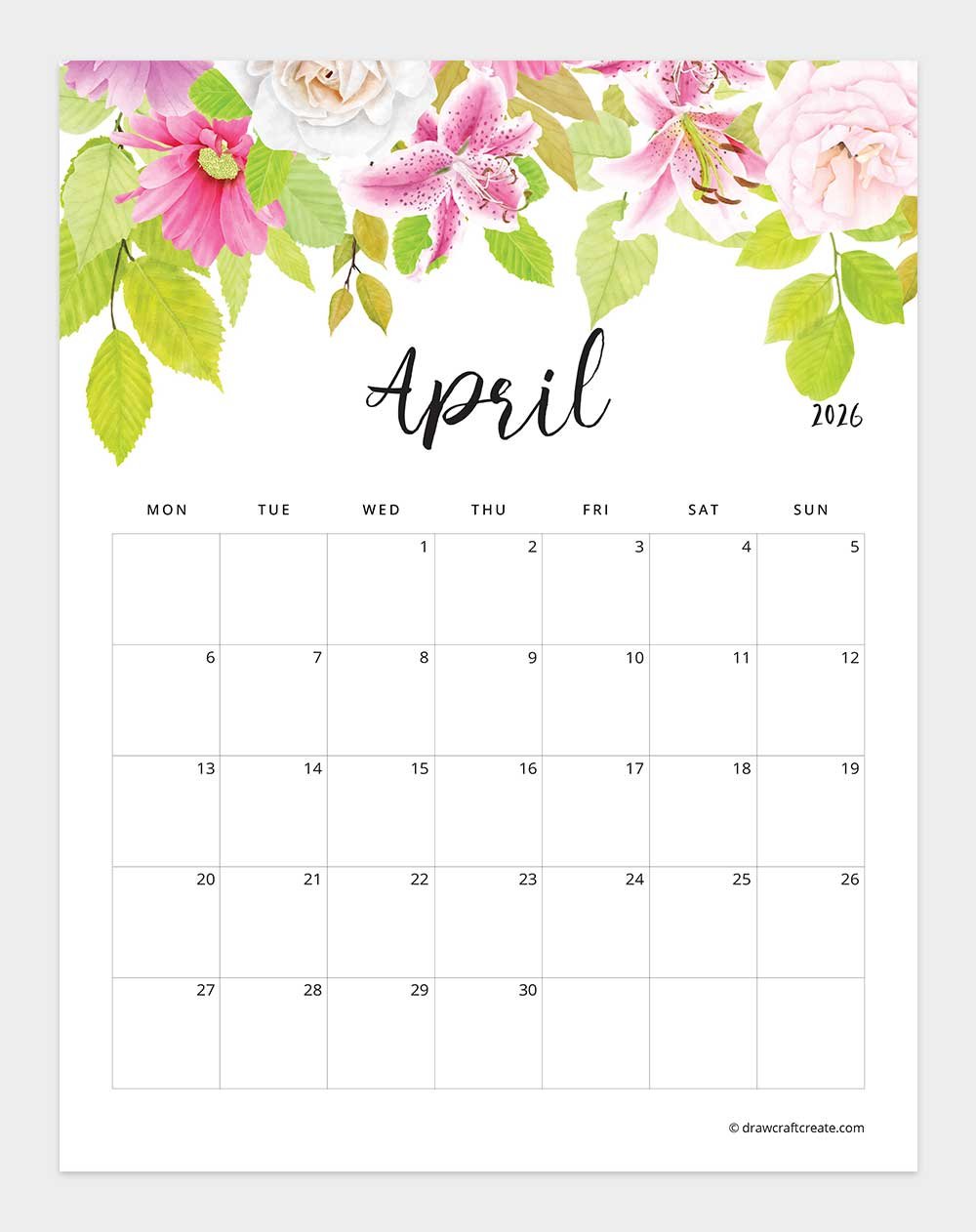 January 2026 Floral Calendar Monday Start