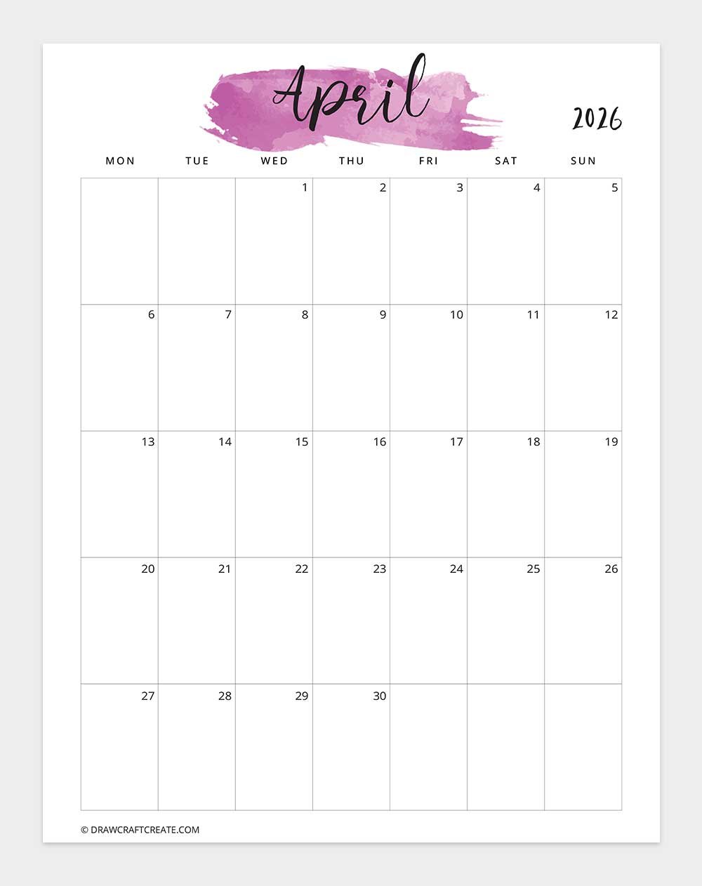 April 2026 Watercolor Calendar Printable