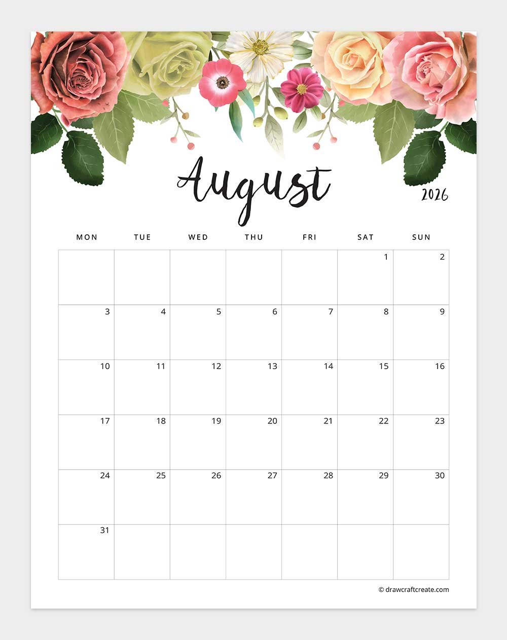 January 2026 Floral Calendar Monday Start