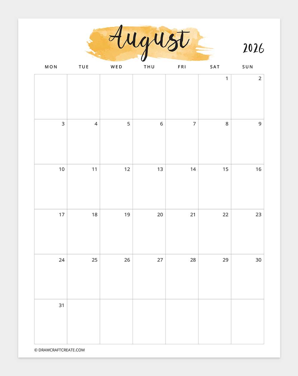 August 2026 Watercolor Calendar Printable