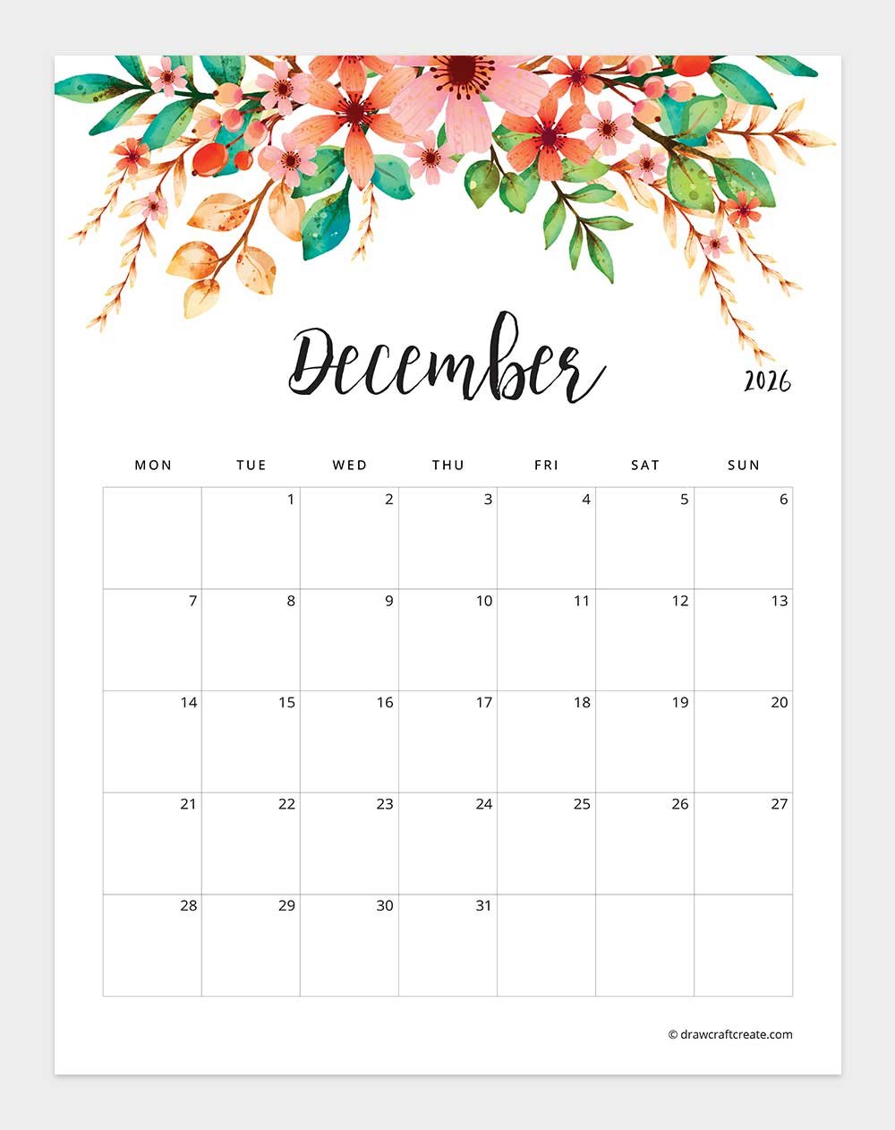 January 2026 Floral Calendar Monday Start