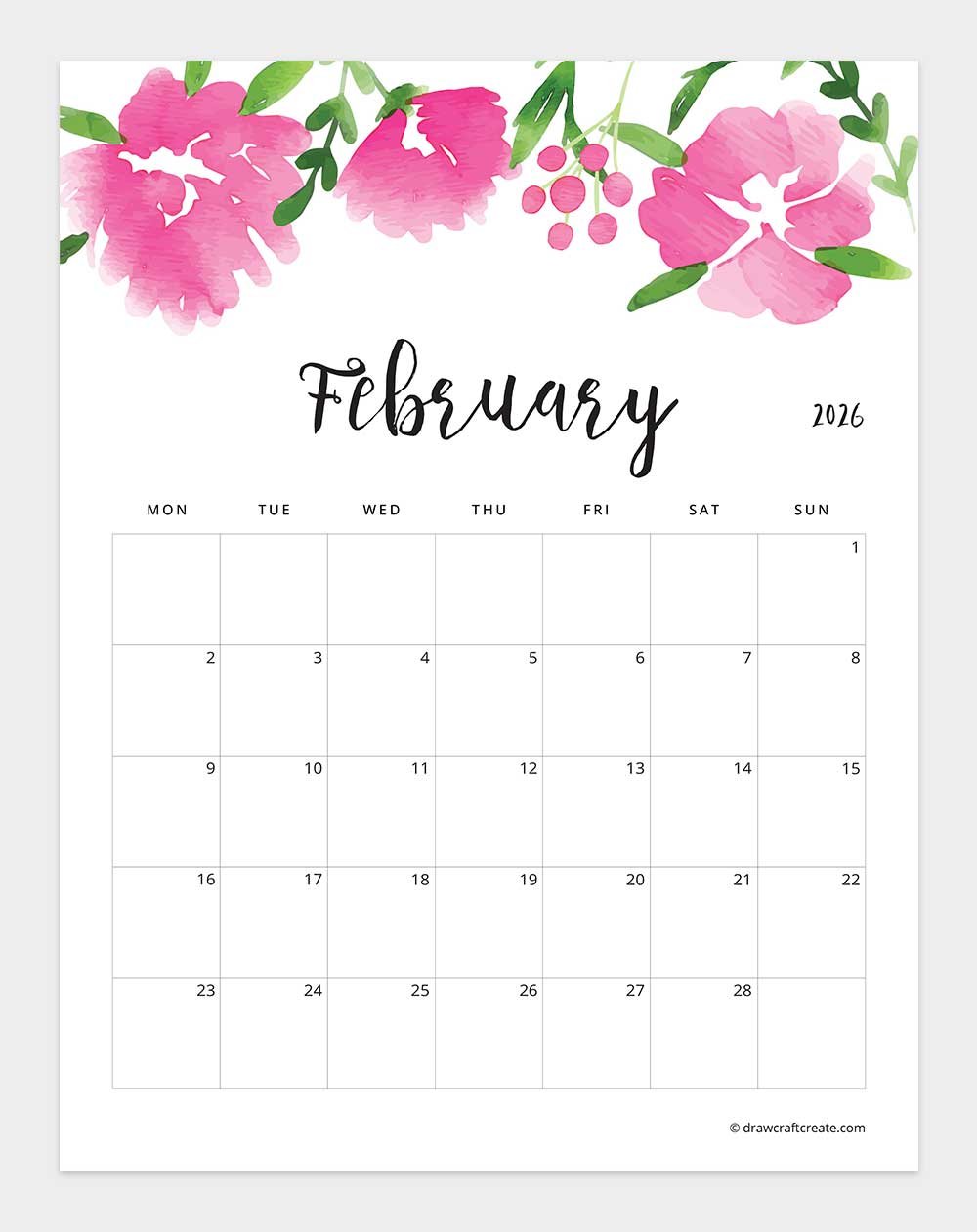 January 2026 Floral Calendar Monday Start