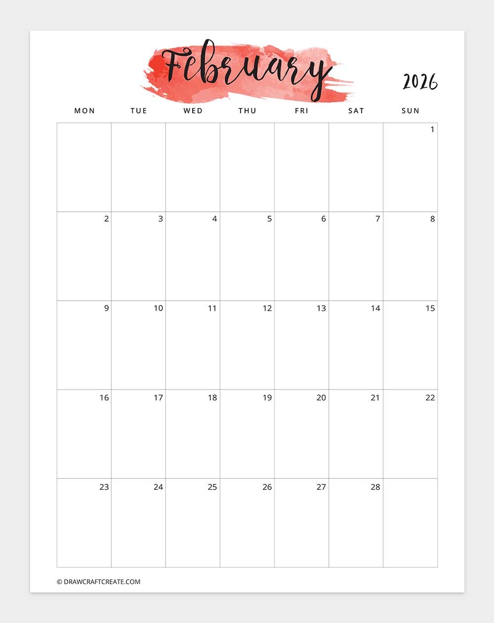February 2026 Watercolor Calendar Printable