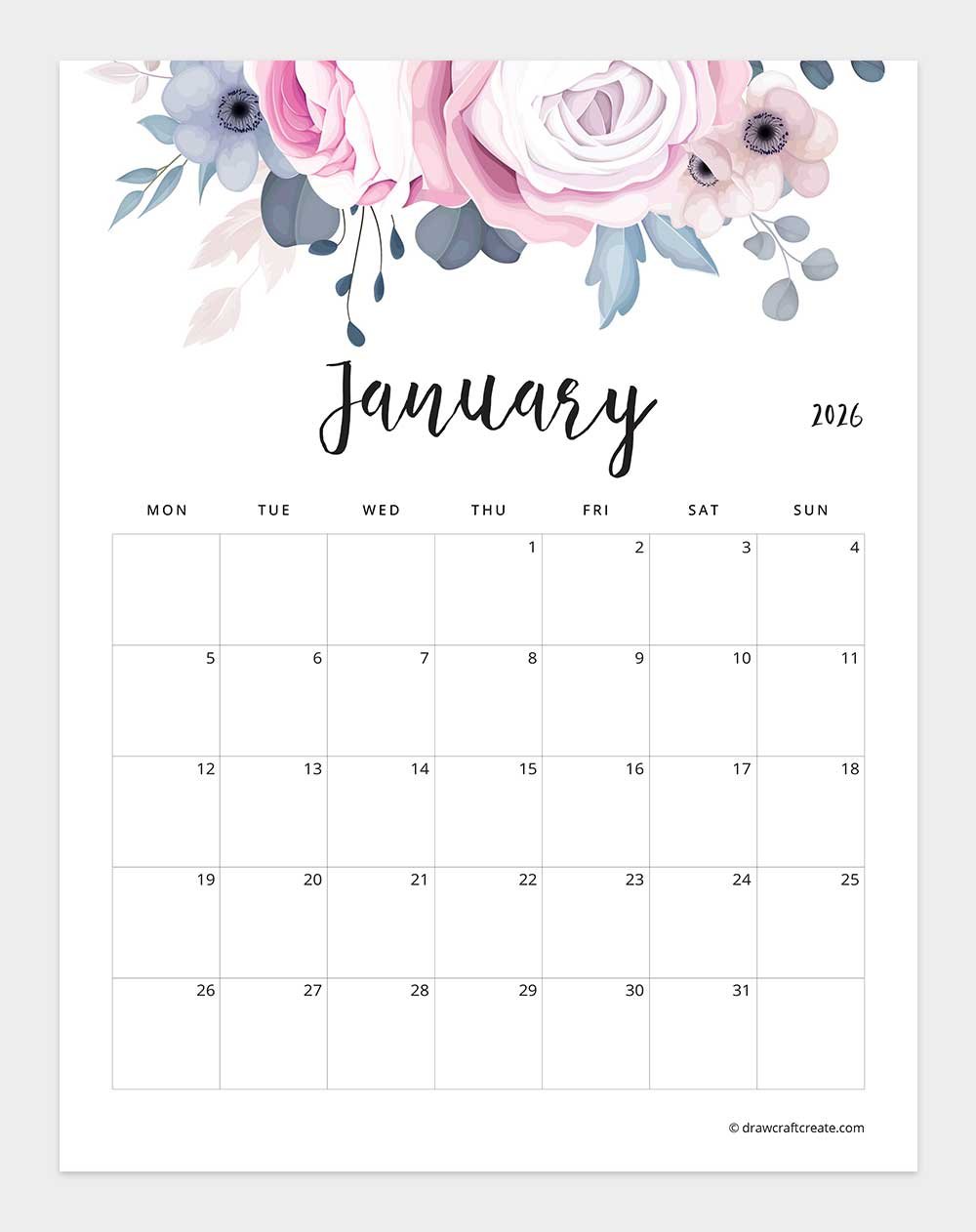 January 2026 Floral Calendar Monday Start