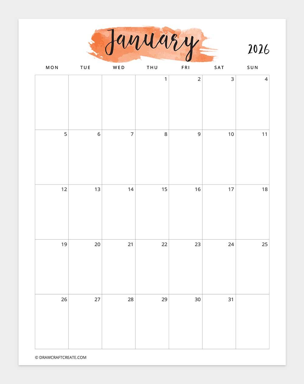 January 2026 Watercolor Calendar Printable