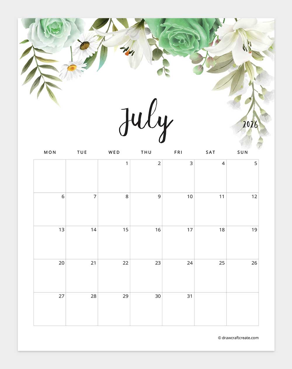 January 2026 Floral Calendar Monday Start