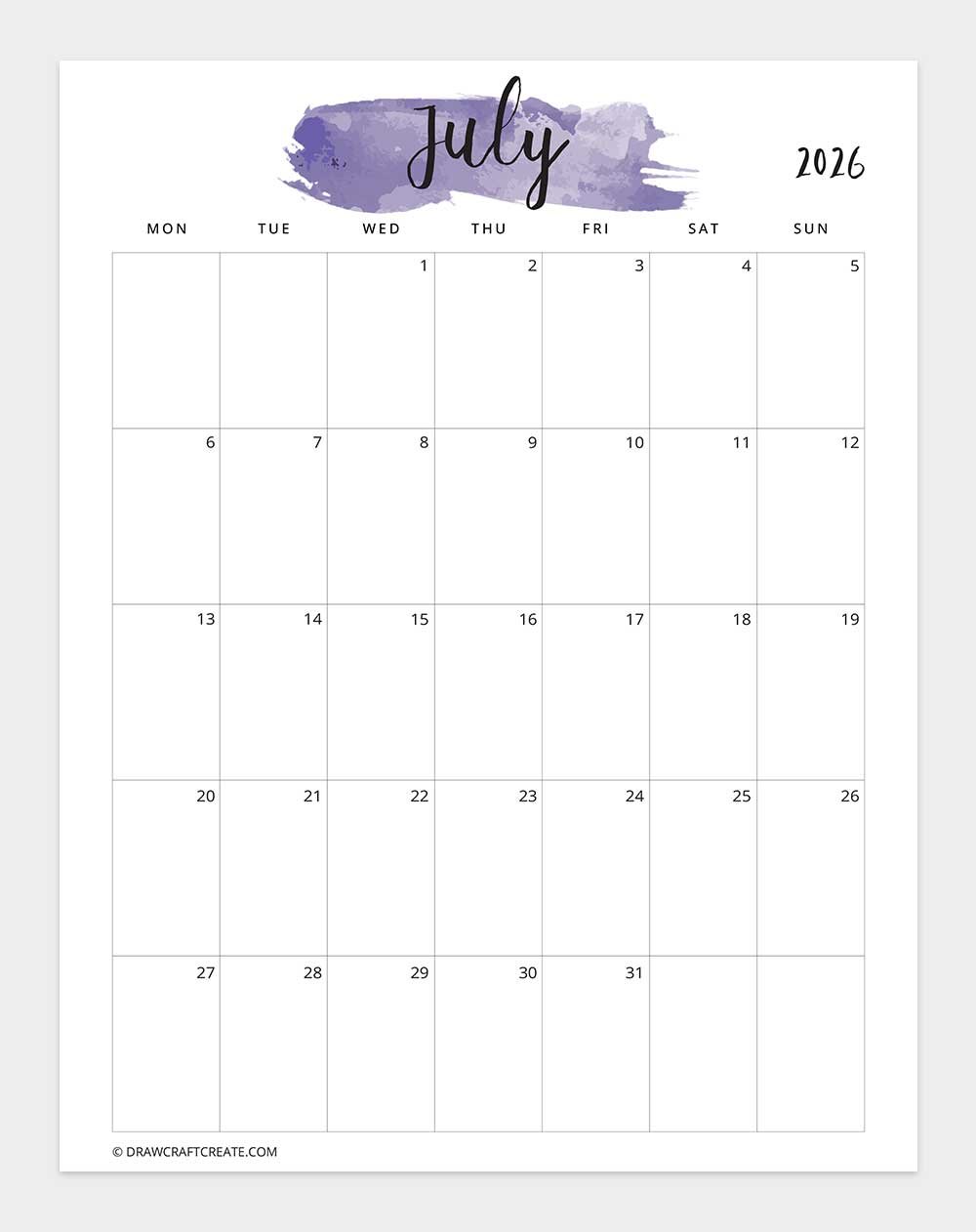 July 2026 Watercolor Calendar Printable