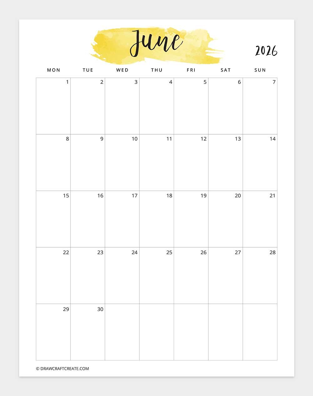 June 2026 Watercolor Calendar Printable