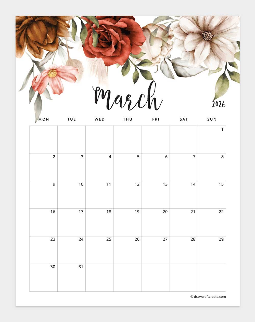 January 2026 Floral Calendar Monday Start