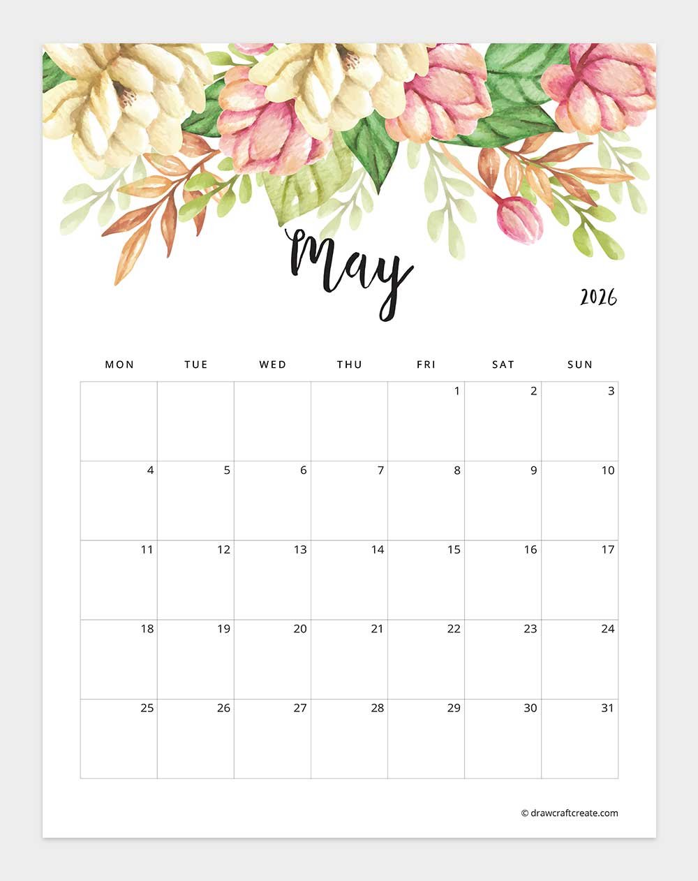 January 2026 Floral Calendar Monday Start