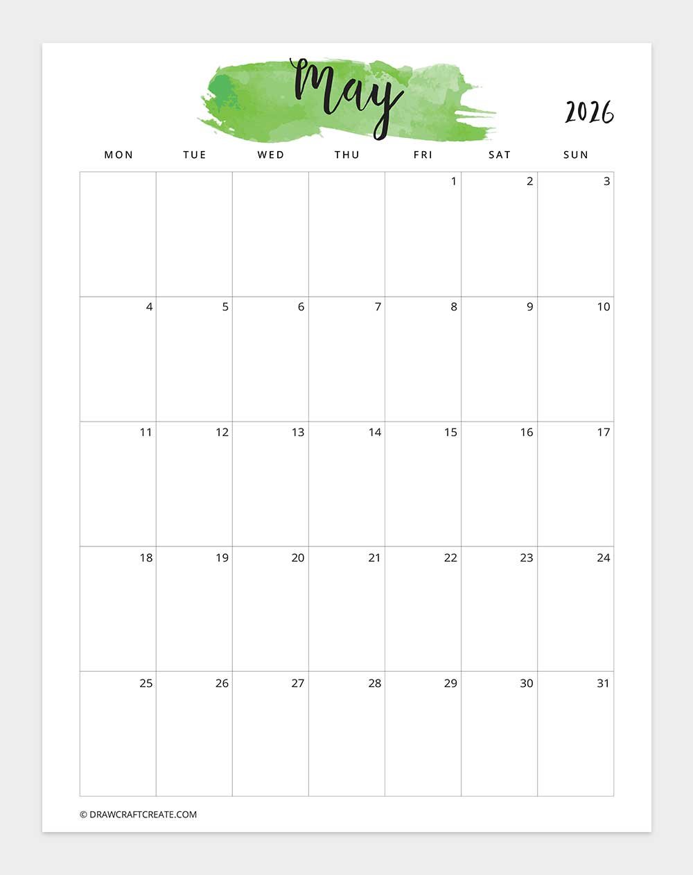 May 2026 Watercolor Calendar Printable