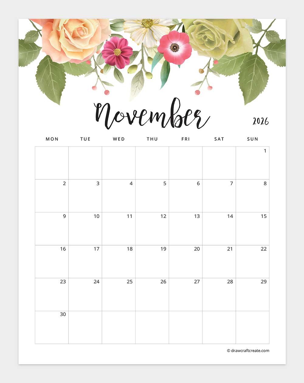January 2026 Floral Calendar Monday Start