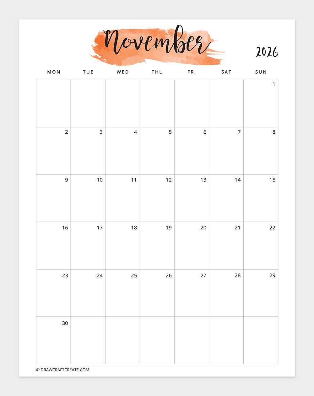 November 2026 Watercolor Calendar Printable