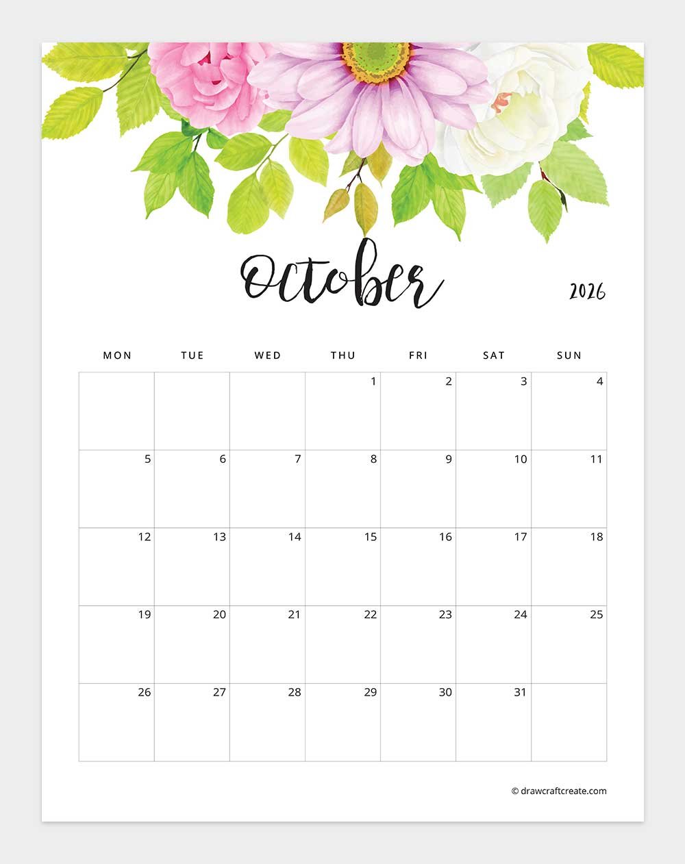 January 2026 Floral Calendar Monday Start