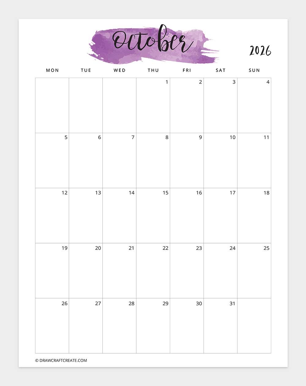 October 2026 Watercolor Calendar Printable