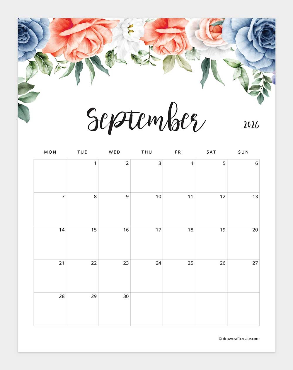 January 2026 Floral Calendar Monday Start