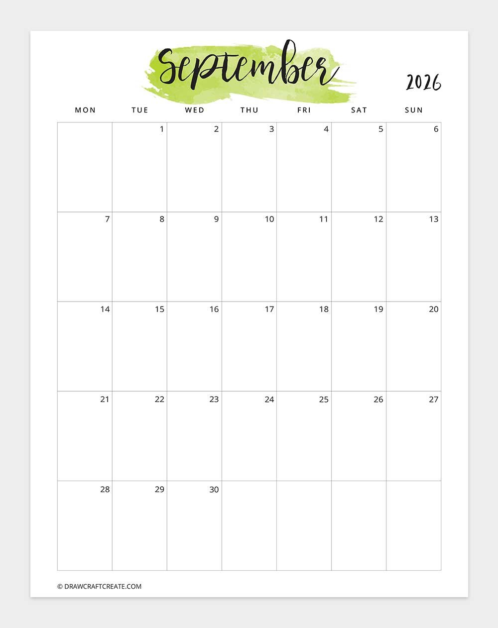 September 2026 Watercolor Calendar Printable
