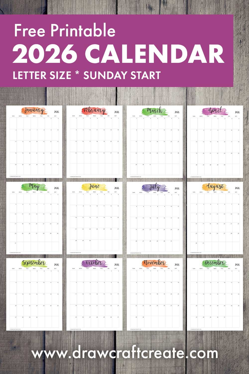 Watercolor 2026 Calendar Printable