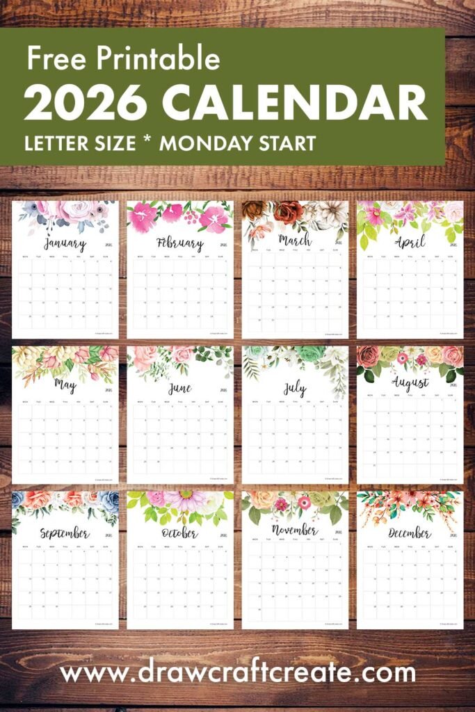 Floral 2026 Calendar Printable Vertical (Monday Start) - Draw Craft Create