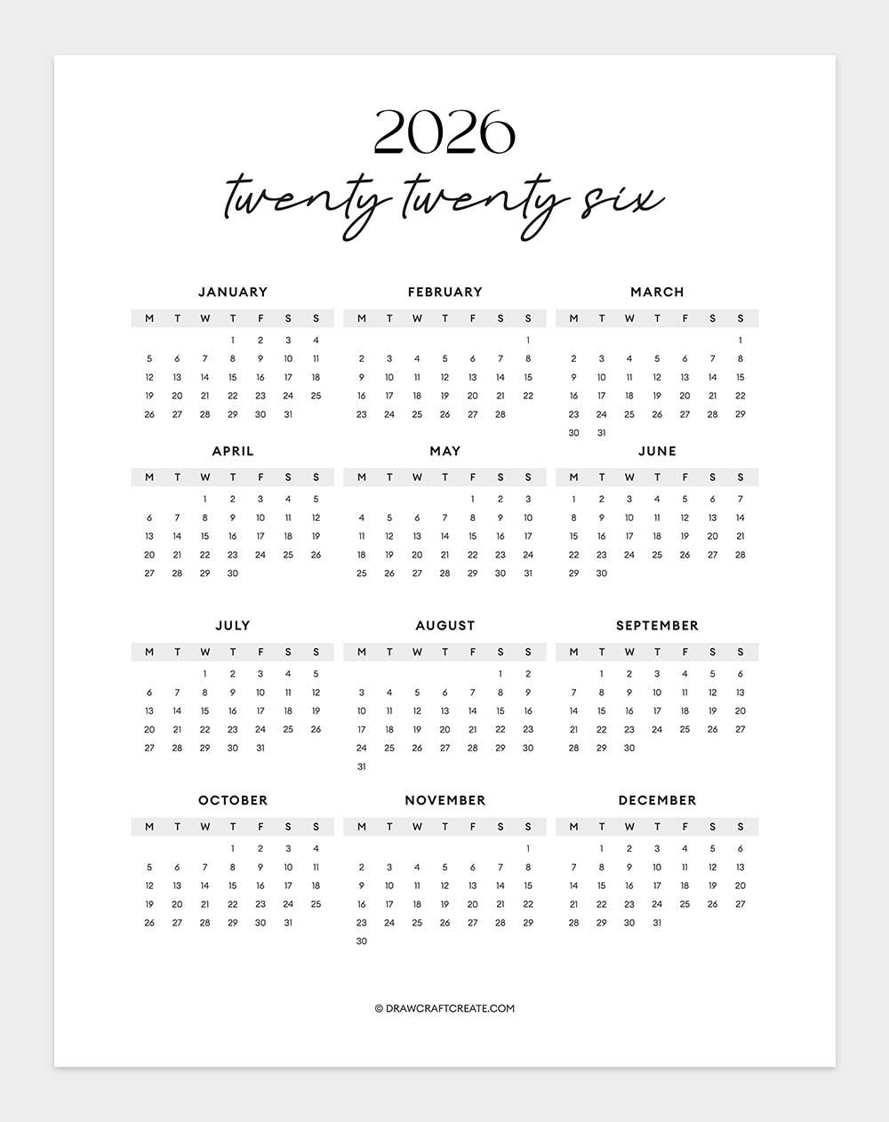 free 2026 calendar printable