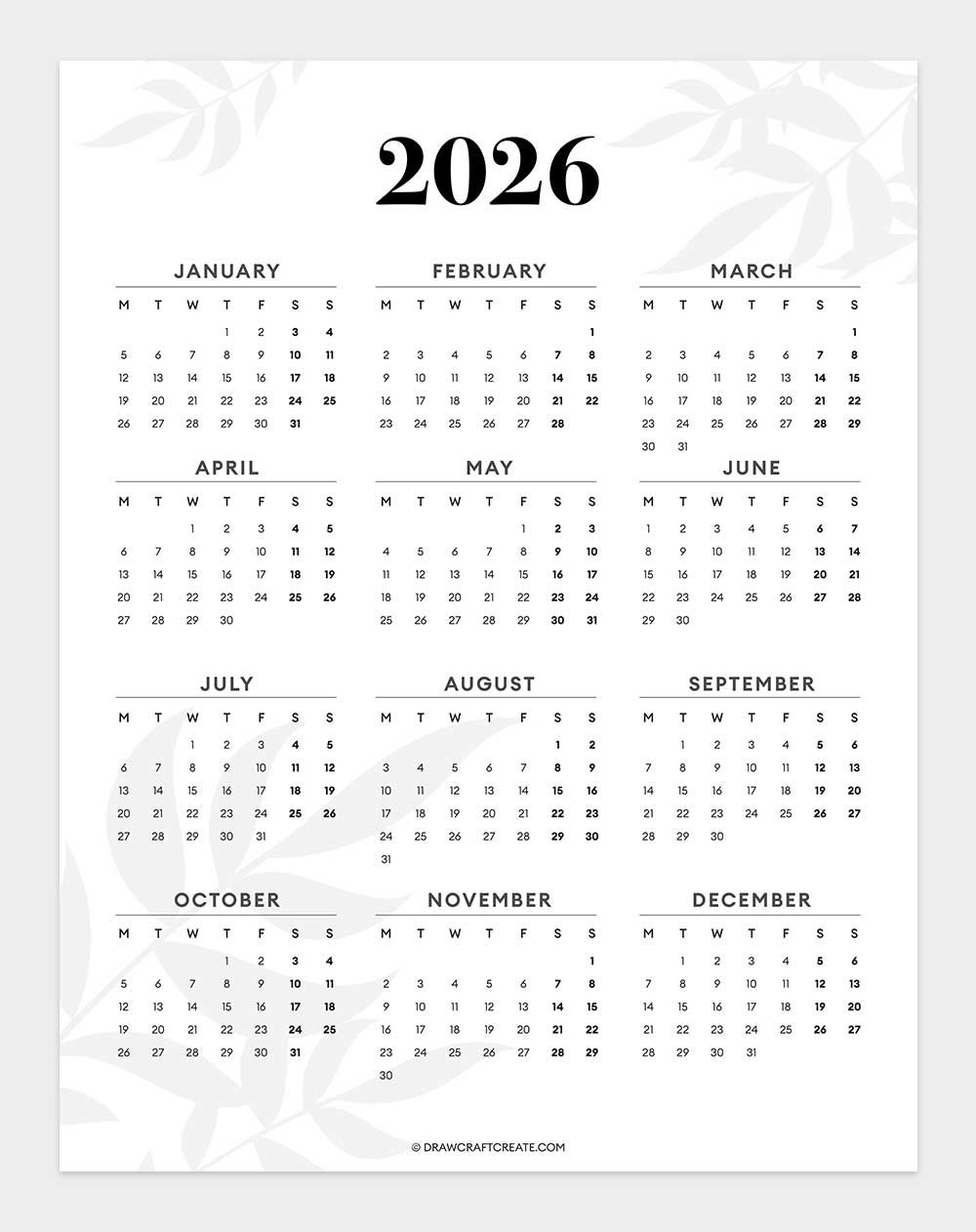 free 2026 calendar printable