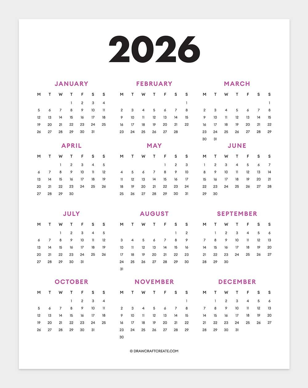 free 2026 calendar printable